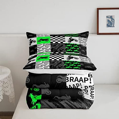 Motorcross Rider Boys Comforter Set Racing Dirt Bike Bedding Set Full Size Neon Green Black Grey Patchwork Grid Quilt Set for Kids Men Teens Bedroom Decor Fashion Gaming Duvet Insert 3pcs