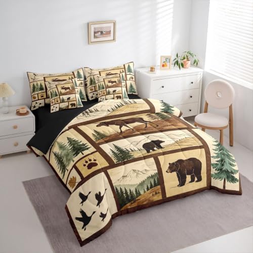 Erosebridal Western Rustic Bear Deer Bedding Set Queen Boys Men Hunting Duck Comforter Set with Sheets Country Farmhouse Woodland Cabin 7-Piece Bed in a Bag Elk Forest Animal Patchwork Lodge Decor