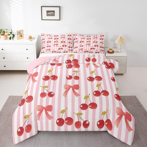 jejeloiu Pink Bow Kids Comforter Set King Size Colourful Bowknot Bedding Set Fruit Duvet Quilt for Kids Boys Girls Bedroom Cherry Decor Microfiber Ultra Soft Breathable
