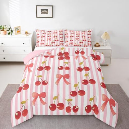 jejeloiu Pink Bow Kids Comforter Set King Size Colourful Bowknot Bedding Set Fruit Duvet Quilt for Kids Boys Girls Bedroom Cherry Decor Microfiber Ultra Soft Breathable