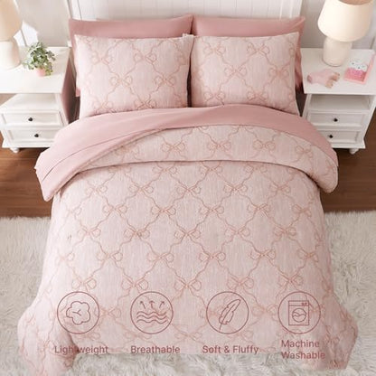 Queen Comforter Set with Sheets for Girls-7 Pieces Bow Bed in A Bag
