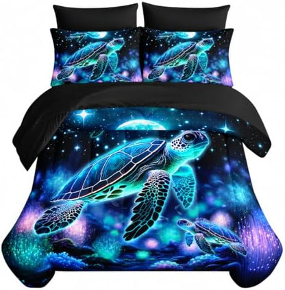 AILONEN Blue Turtle Comforter Set Twin Size,7-Piece Soft Bed in a Bag,Fairy Ocean Sea Turtle Comforter & Fitted Sheet with Flat Sheet & 2 Pillowcases,2 Pillow Shams for Bedroom