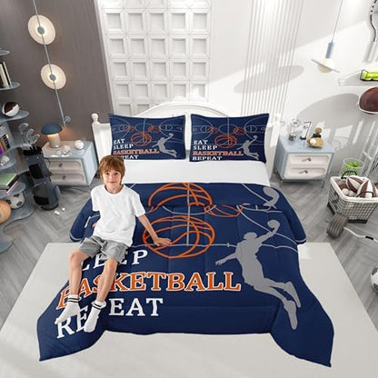 Castle Fairy Basketball Comforter Set with 2 Pillowcases,Basketball Court Super Soft Microfiber Bedding Set for Adults Teens,Ball Sports Games Navy Blue Duvet Set for Room Decor,King
