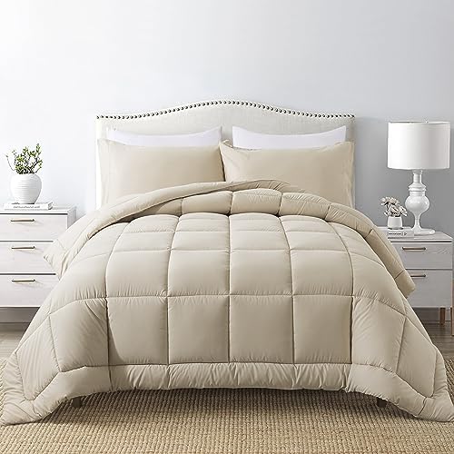 DOWNCOOL Queen Comforter Set -All Season Bedding Comforters Sets with 2 Pillow Cases-3 Pieces Bedding Sets Queen -Down Alternative Beige Queen Size Comforter Sets(88"x92")
