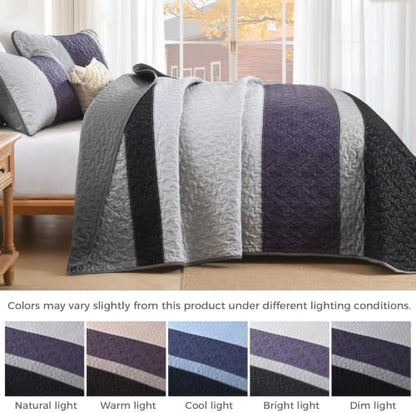 Cottolester Boho King Size Quilt Set,Black Purple Striped Bedsperads Set