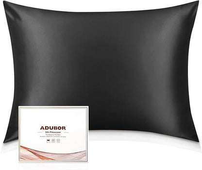 Adubor 100% Silk Pillowcase - Mulberry Silk Pillow Cases, 22 Momme 6A Grade Fibers, Silk Pillow Case for Hair and Skin Health, with Hidden Zipper (Standard 20''×26'', Black, 1PC)