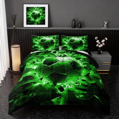 Nttopship Soccer Bedding Comforter Set Full Size for Kids Teens and Adults, Black and Green Football Printed Bedding Sets 3 PCS,Ball Sports Themed Bedroom Decor with 1 Comforter and 2 Pillowcases
