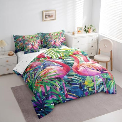 Erosebridal Flamingo Full Comforter Set with Sheets 7 Piece Tropical Leaves Bed in A Bag Palm Tree Comforter Sets,Bird Romantic Bed Set