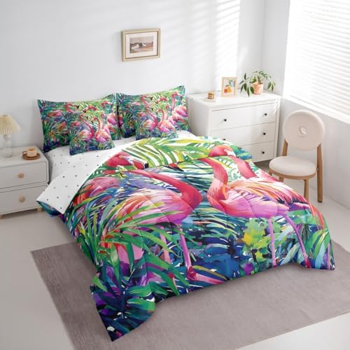 Erosebridal Flamingo King Comforter Set with Sheets 7 Piece Tropical Leaves Bed in A Bag Palm Tree Comforter Sets,Bird Romantic Bed Set