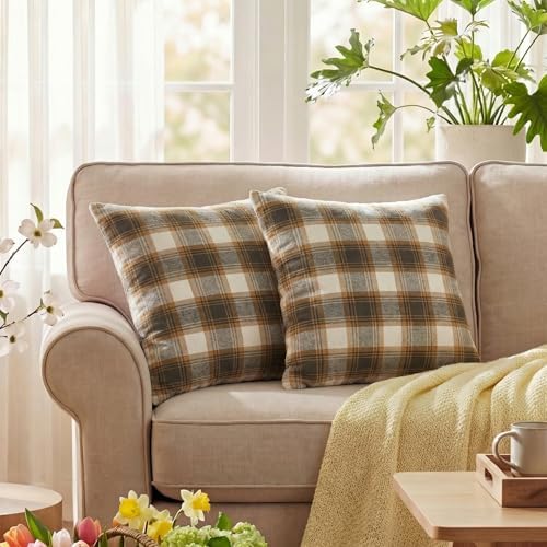 AVOIN colorlife Spring Summer Brown White Plaid Decorative Throw Pillow Covers, 18 x 18 Inch Holiday Scottish Tartan Cushion Case Farmhouse Decoration for Sofa Couch Set of 2