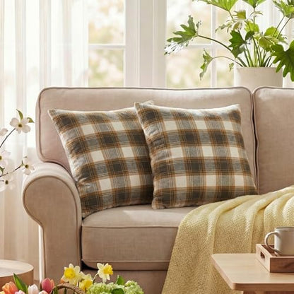 AVOIN colorlife Spring Summer Brown White Plaid Decorative Throw Pillow Covers, 18 x 18 Inch Holiday Scottish Tartan Cushion Case Farmhouse Decoration for Sofa Couch Set of 2