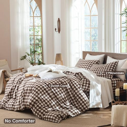 MooMee Gingham Duvet Cover Set 100% Washed Cotton Linen Like