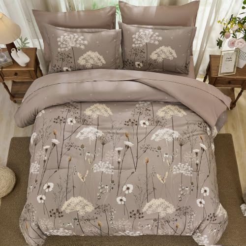 Yiran King Comforter Size Set, 7 Piece Brown Dandelion Floral Bed in a Bag