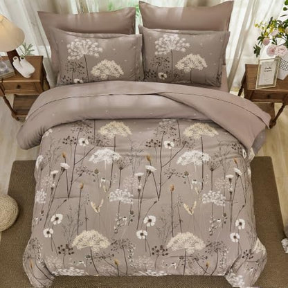 Yiran King Comforter Size Set, 7 Piece Brown Dandelion Floral Bed in a Bag