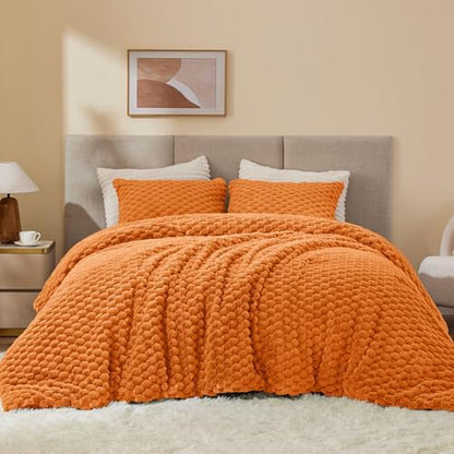 BEDELITE Fluffy King Comforter Set, Burnt Orange Fleece Bed Set 3 Pieces