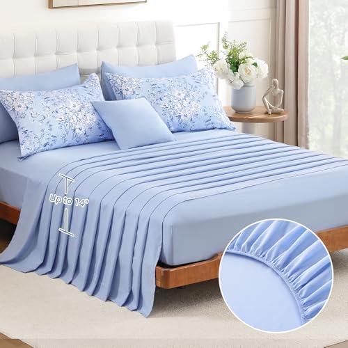 King Size Comforter Set 8 Pieces Blue Floral Bed in a Bag Comforter Sets