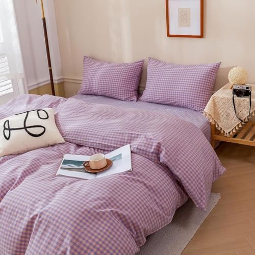 mixinni Purple Gingham Grid Duvet Cover Queen, 100% Washed Cotton Modern Geometric Bedding Set with 2 Pillowcases, Farmhouse Style Yellow Plaid Comforter Cover Set for Men & Women, Soft & Lightweight
