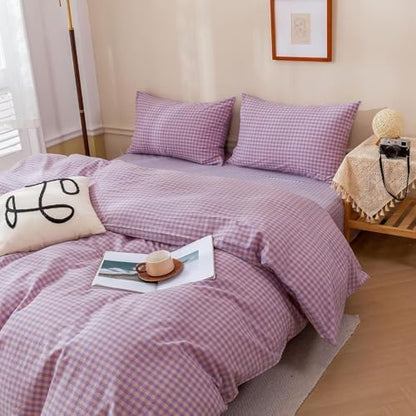 mixinni Purple Gingham Grid Duvet Cover Queen, 100% Washed Cotton Modern Geometric Bedding Set with 2 Pillowcases, Farmhouse Style Yellow Plaid Comforter Cover Set for Men & Women, Soft & Lightweight