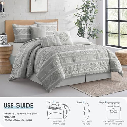 LANCO MODERN LIFESTYLE 7 Piece King Comforter Set, Grey, Elegant Jacquard with Patchwork, Stylish and Cozy Bedding Collection, Premium Bedding Set with Bedskirt, Shams and Pillows