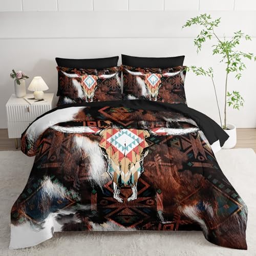 AILONEN Bull Skull Comforter Set Full Size,7-Piece Cattle Cowhide Cow Print Bed in a Bag,Western Cowboy Comforter & Fitted Sheet with Flat Sheet & 2 Pillowcases,2 Pillow Shams for Bedroom
