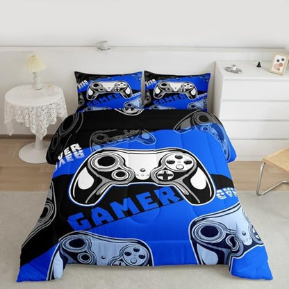 Erosebridal king Gamer Comforter Sets for Boys&Girls ,Gaming Boys 3 Pcs Bed in A Bag Video Game Bedding -All Season Microfiber Kids,with 2 Pillowcases 1 Blue Black