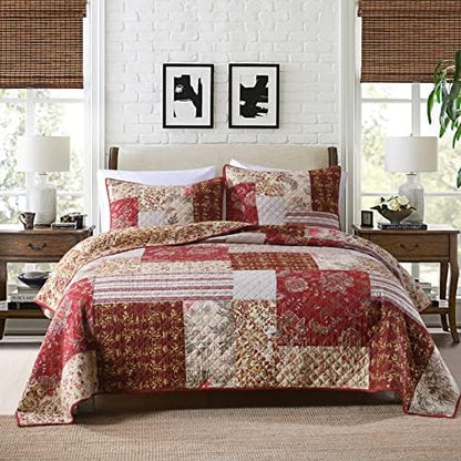 Yvooxny King Quilt Set Quilted Bedspread Country Farmhouse Cottage Vintage Ditsy Floral Paisley Style Reversible Lightweight Coverlet Set Real Patchwork Quilt for All Seasons, Antique Rose, King Size