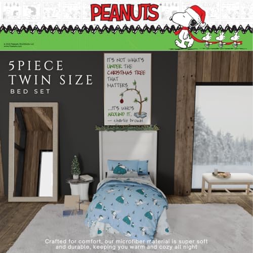 Collectibles Peanuts Snoopy Puffer Coat Holiday & Christmas Bedding Soft Comforter and Sheet Set with Sham, 5 Piece Twin Size, (Officially Licensed Product) By Franco