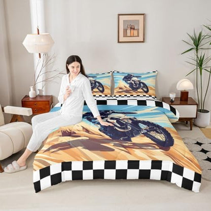 Feelyou Desert Motocross Rider Bedding Set Soft for Boys Girls,Dark Gear Dirt Bike Comforter Set Toddler Sand Track Design Duvet Quilt Checkered Flag Off-Road Racing Design 2 Pcs with 1 Pillow Cases