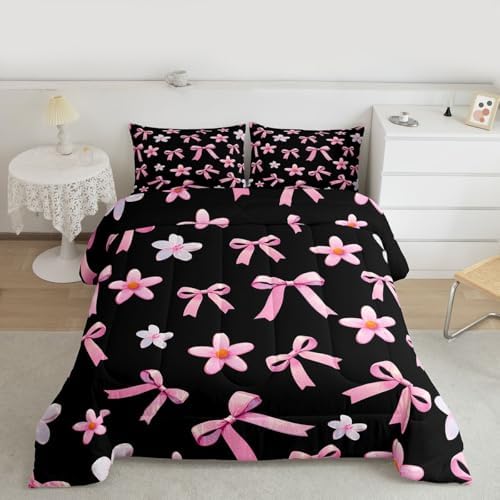 jejeloiu Watercolor Bow Kids Comforter Set Full Size Kawaii Bowknot Bedding Set Dreamy Princess Style Duvet Quilt for Kids Boys Girls Bedroom Cute Bow Decor Microfiber Ultra Soft Breathable