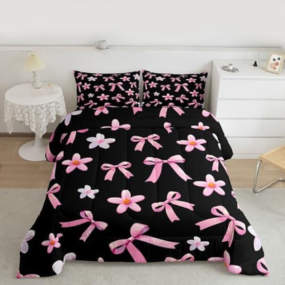 jejeloiu Watercolor Bow Kids Comforter Set Full Size Kawaii Bowknot Bedding Set Dreamy Princess Style Duvet Quilt for Kids Boys Girls Bedroom Cute Bow Decor Microfiber Ultra Soft Breathable