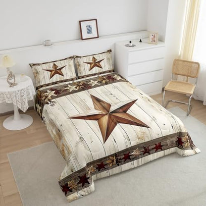Manfei West Texas Star Comforter Set Full Size, Rustic Farmhouse Quilt Set with 2 Pillowcases, Grey Wooden Plank Bedding Set 3pcs for Kids Boys Teens Room Decor, Lightweight Duvet Insert