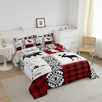 Deer Antlers Bear Kids Comforter Set King Size,Plaids Aztec Arrows Patchwork Bedding Set for Boys Girls Adults Room Decor,Rustic Adventure Xmas Down Comforter,Red Retro Duvet Insert,2 Pillowcases