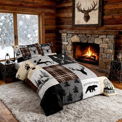 Deer Antler Comforter Set Full Size,Bear Paw Pine Trees Rustic Farmhouse Bedding Set for Boys Girls Adults Room Decor,Geometric Plaids Arrows Down Comforter,Brown Retro Duvet Insert,2 Pillowcases