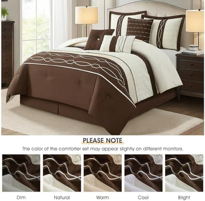 LANCO MODERN LIFESTYLE 7 Piece Comforter Set, Queen, Brown Geometric Clip Design, 100% Polyester, Luxury All Seasons Bed Set Includes Comforter, Bed Skirt, Pillow Shams, and Decorative Pillows