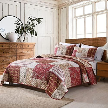 Yvooxny Quilt Set Queen Bedspread Country Farmhouse Cottage Vintage Ditsy Floral Paisley Style Reversible Lightweight Coverlet Set Real Patchwork Quilt for All Seasons, Antique Rose, Queen Size
