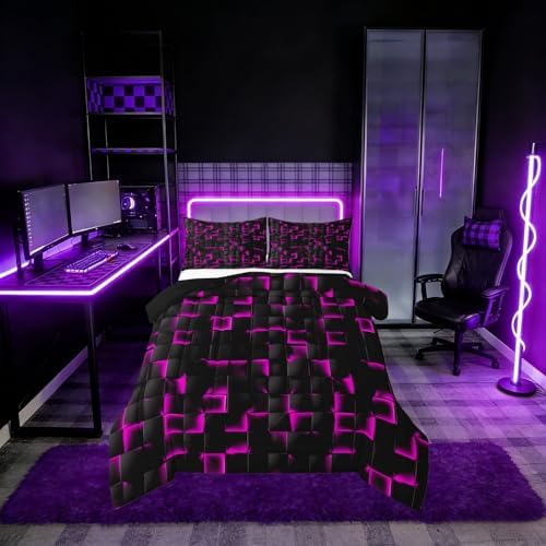 Erosebridal Neon Black Purple Comforter Set Toddler Violet Geometric Checkered Bedding Set for Kids Teen Adults Gaming Room Decor,Abstract Ombre Plaid Comforter Grids Quilt Duvet