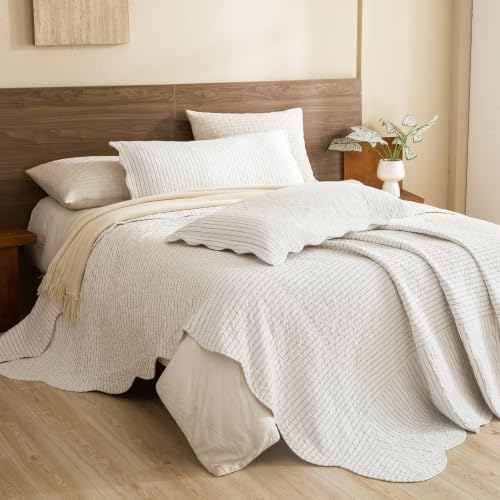 Lady Ann Oversized King Bedspread 120x120, Soft Cotton Quilt Set for Extra Large Bed, Dark Grey White Classic Striped Pattern Quilted Coverlet with Scalloped Edge, 3 Pcs Bedding Set