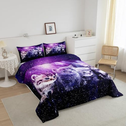 Cat Comforter Cute Pet Cats Pattern Bedding Set Outer Space Kawaii Kitten Comforter Set for Children Kids Boys Girls Cartoon 3D Animal Theme Galaxy Duvet Set Purple Room Decor Quilt Set Full Size