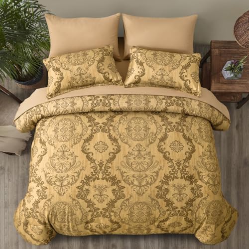 WONGS BEDDING Gold Comforter Set King Size, Damask Texture Design 7 Pieces Bed in a Bag Microfiber Comforter Bedding Sets -1 Comforter, 1 Flat Sheet, 1 Fitted Sheet, 2 Pillow Shams,2 Pillowcases