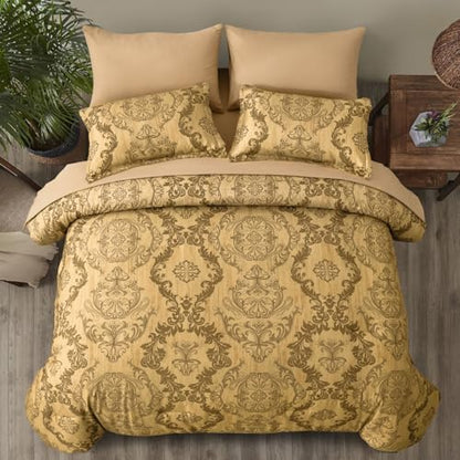 WONGS BEDDING Gold Comforter Set King Size, Damask Texture Design 7 Pieces Bed in a Bag Microfiber Comforter Bedding Sets -1 Comforter, 1 Flat Sheet, 1 Fitted Sheet, 2 Pillow Shams,2 Pillowcases
