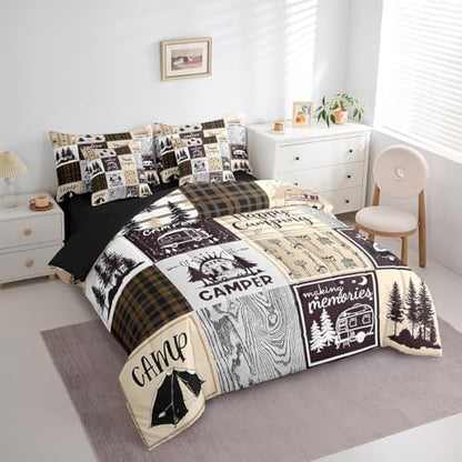 Erosebridal Camper Queen Comforter Set 7 Piece for Bunk Travel Trailers,Rustic Plaid Camping Car Bed in A Bag Camping Accessories Bedding Set for Rv Camper,Country Cabin Lodge Bed Set Brown Beige