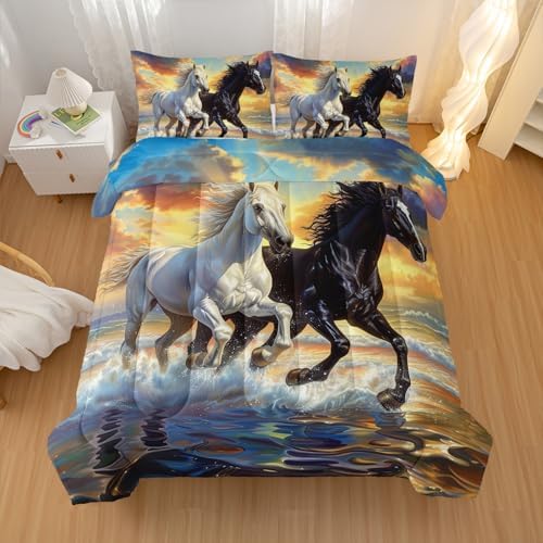 Nttopship Horse Comforter Set Queen Size 3 Pcs,Horses Animal 3 Pcs Bedding for Adults, Horse Theme Bedding Set,3D Wild Animal Room Decor with 2 Pillowcases