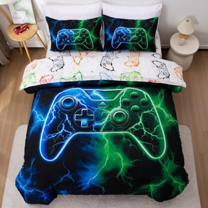 Meeting Story 5 Pieces Gaming Bedding Sets Full Size Red and Blue Gamer Comforter Set for Boys Girls Soft Fluffy 3D Cool Video Game Kids Bed in A Bag for All Seasons(Bluegreen)