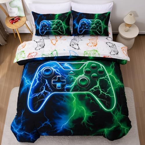 Meeting Story 5-Piece Boys Bedding Set Queen Size Green and Blue Game Console Kids Bed in A Bag Soft Lightweight Video Gamepad Bedroom Set(Bluegreen)