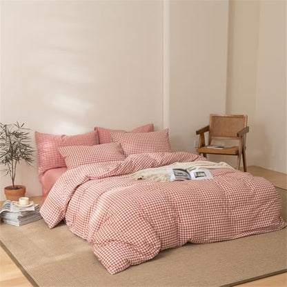 mixinni Orange Gingham Comforter Set Full, Plaid Comforter Set 3 Pieces 1 Orange Grid Comfoter with 2 Pillow Cases for All Seasons, Soft Fluffy Modern Grid Pattern Printed Bedding-Full Size