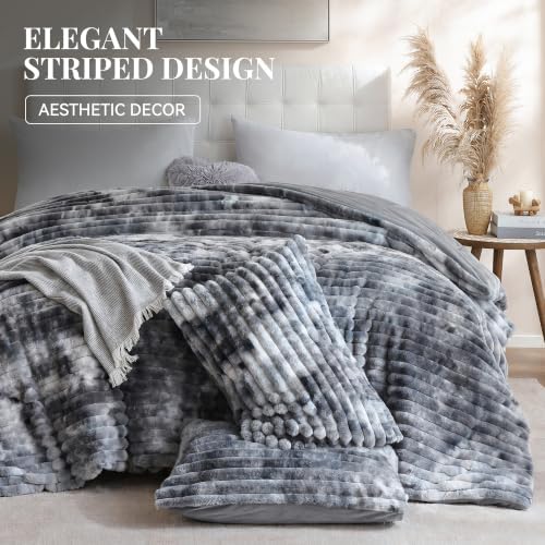 Smoofy Fluffy Queen Size Comforter 3 PCS - Tie Dye Black Fleece Bedding Set