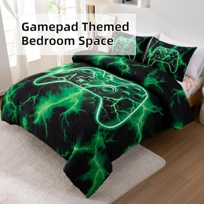 Meeting Story Boys Full Size Comforter Set, 3D Game Controller Design Gamer Comforter Set, Polyester Fiber Boys Bedding for Kids Teens,Suitable for All Seasons(Green)