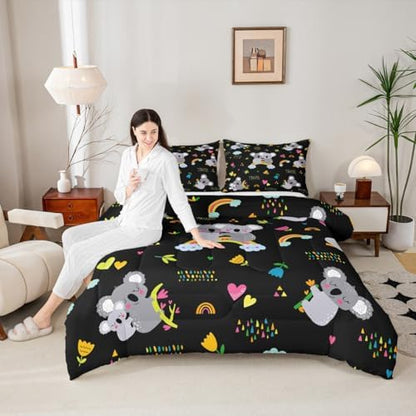 Erosebridal Koala Comforter Set, Kids Rainbow Bedding Set Queen Size Flower Love Heart Duvet Sets for Girls Boys Children Cute Animal Cartoon Down Comforter 3 Pieces with 2 Pillow Cases, Black