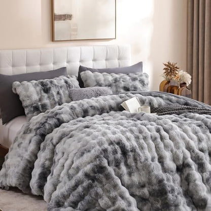 YIKUSH Queen Faux Fur Soft Comforter Set, Fluffy Rabbit FurBedding Set