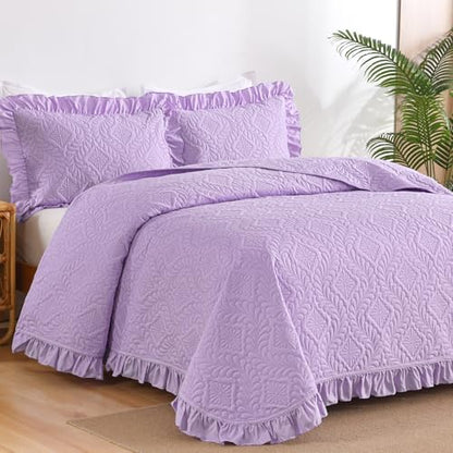 DJY Purple Quilt Set Twin Size Dorm Bedding, Ruffled Bedspreads
